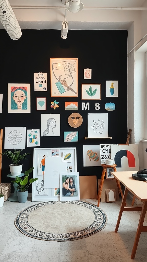 A stylish interior with a matte black wall featuring various framed artworks and plants.