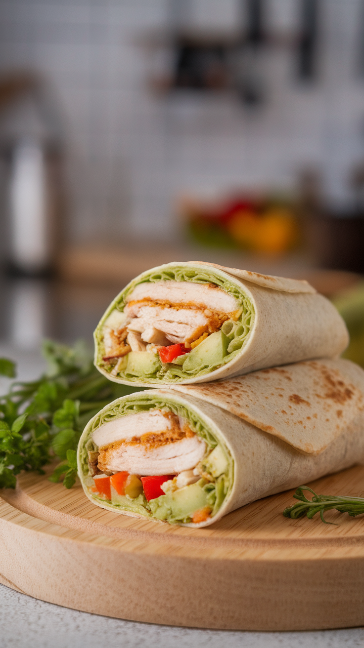 Two avocado and garlic chicken wraps on a wooden plate with fresh greens.