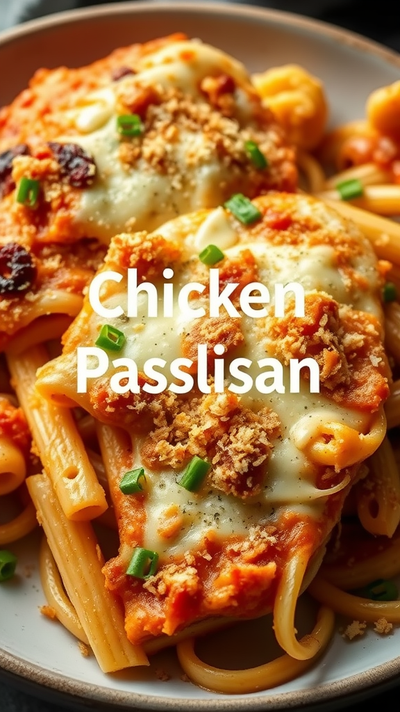 A plate of baked chicken parmesan pasta topped with cheese and breadcrumbs, garnished with green onions.