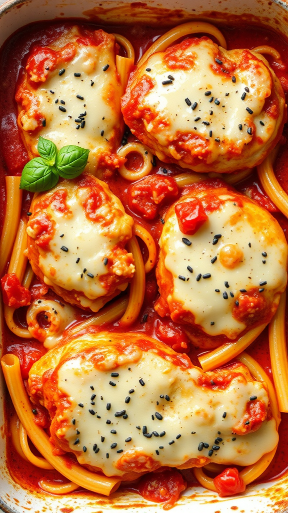 A delicious baked chicken parmesan pasta dish with melted cheese and tomato sauce.