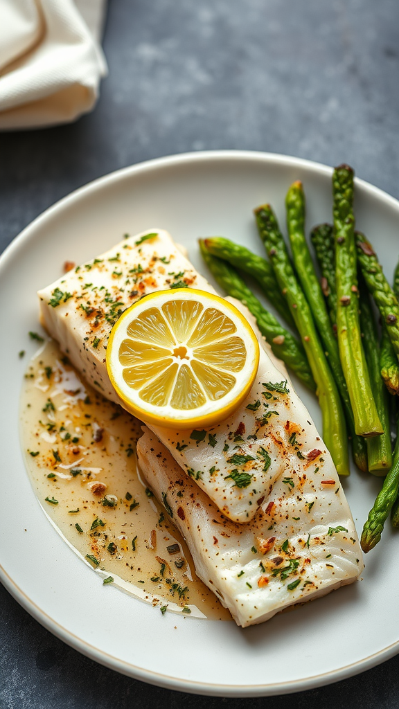 Baked lemon herb cod with asparagus on a plate