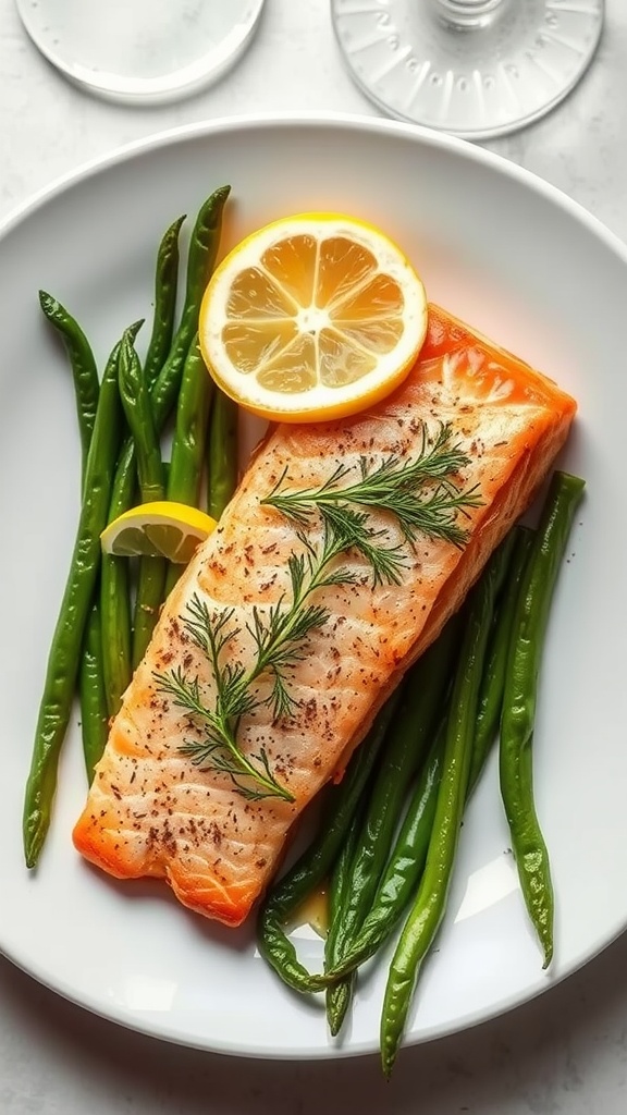 Baked salmon fillet with dill and lemon on a plate with green beans