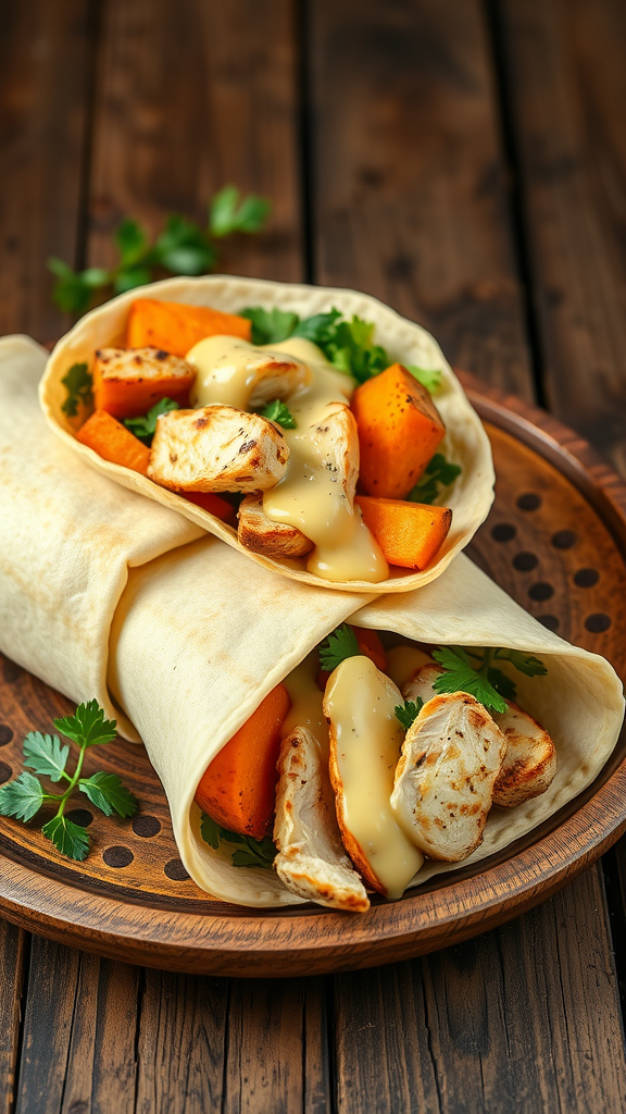 Two wraps filled with baked sweet potato, grilled chicken, and sauce on a wooden plate.