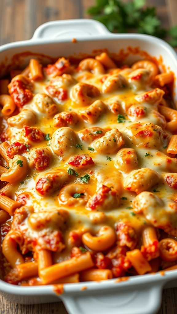 A delicious baked ziti with chicken, featuring cheese, pasta, and a rich sauce.