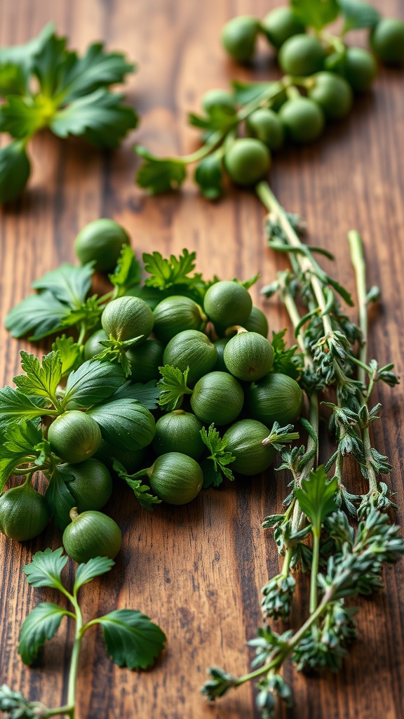 Fresh herbs including parsley and thyme on a wooden surface.