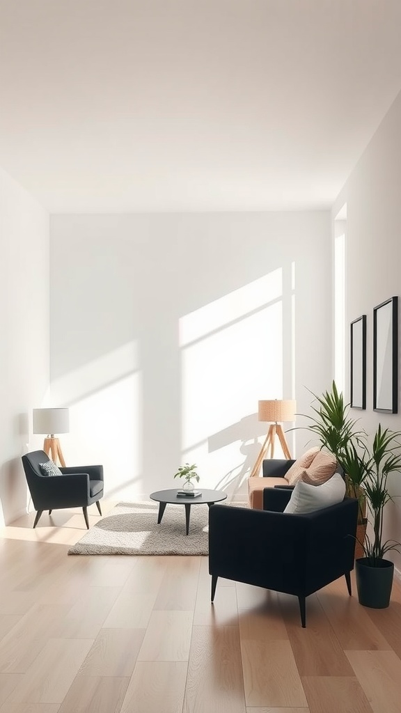A minimalist living room featuring black accent chairs and a coffee table, with natural light streaming in.