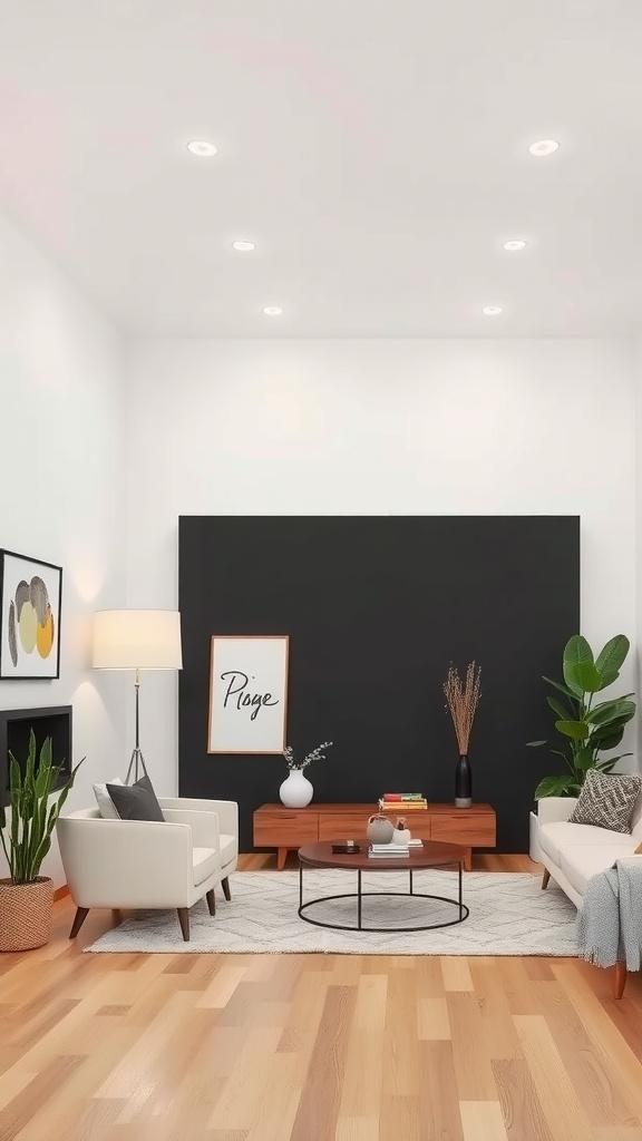 Living room with a matte black accent wall, neutral furniture, and plants
