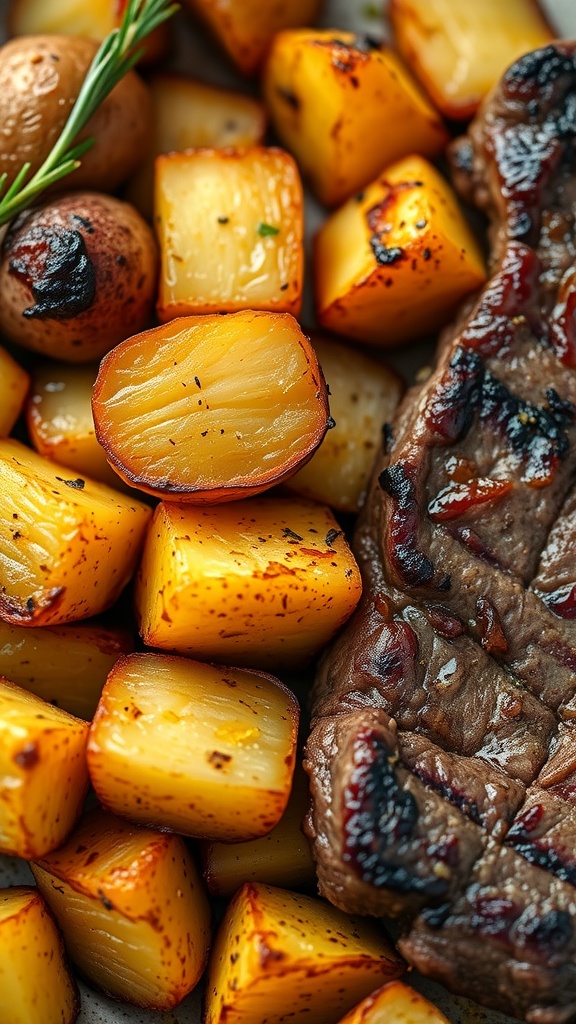 A close-up of garlic butter steak bites next to crispy golden potatoes.