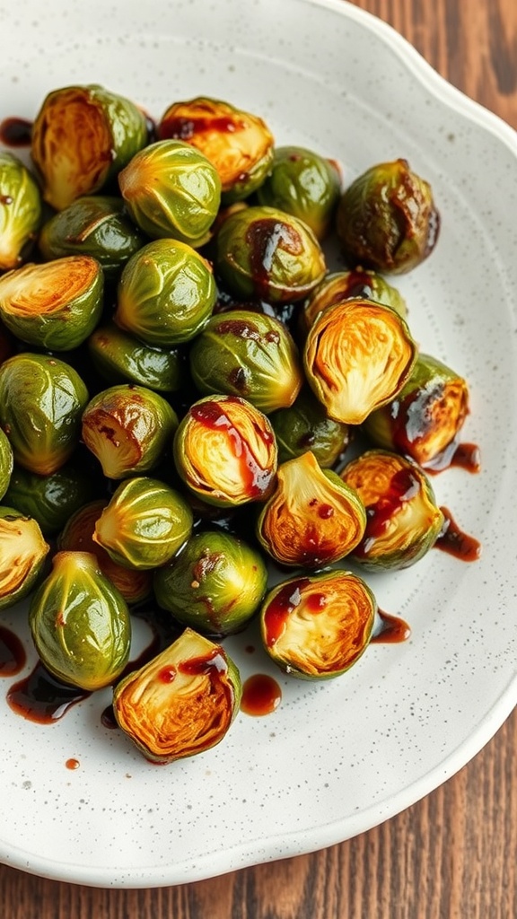 A plate of roasted Brussels sprouts drizzled with balsamic glaze.