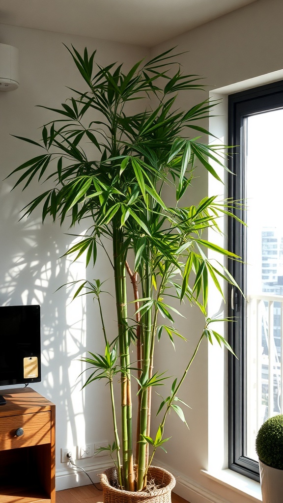 A tall bamboo palm plant in a bright room next to a window.