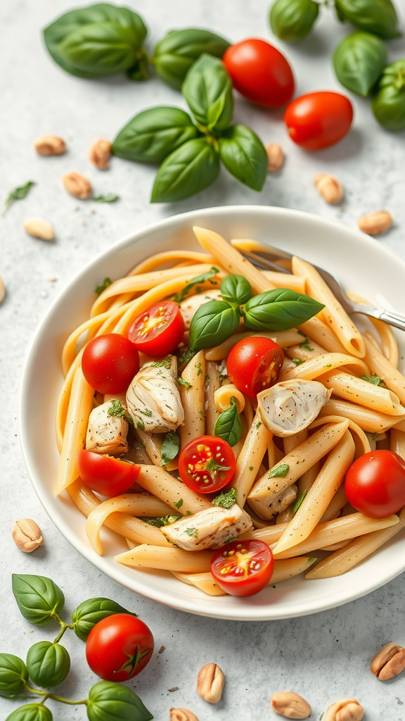 A bowl of basil pesto chicken penne pasta with cherry tomatoes and fresh basil.