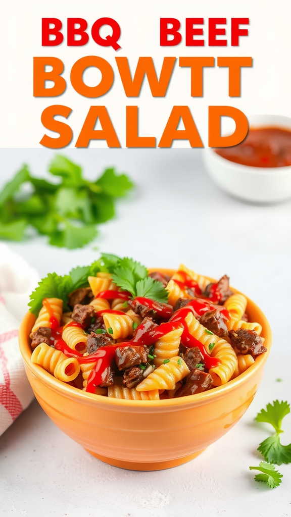 A bowl of BBQ Beef Bowtie Pasta Salad with vibrant colors and fresh herbs.