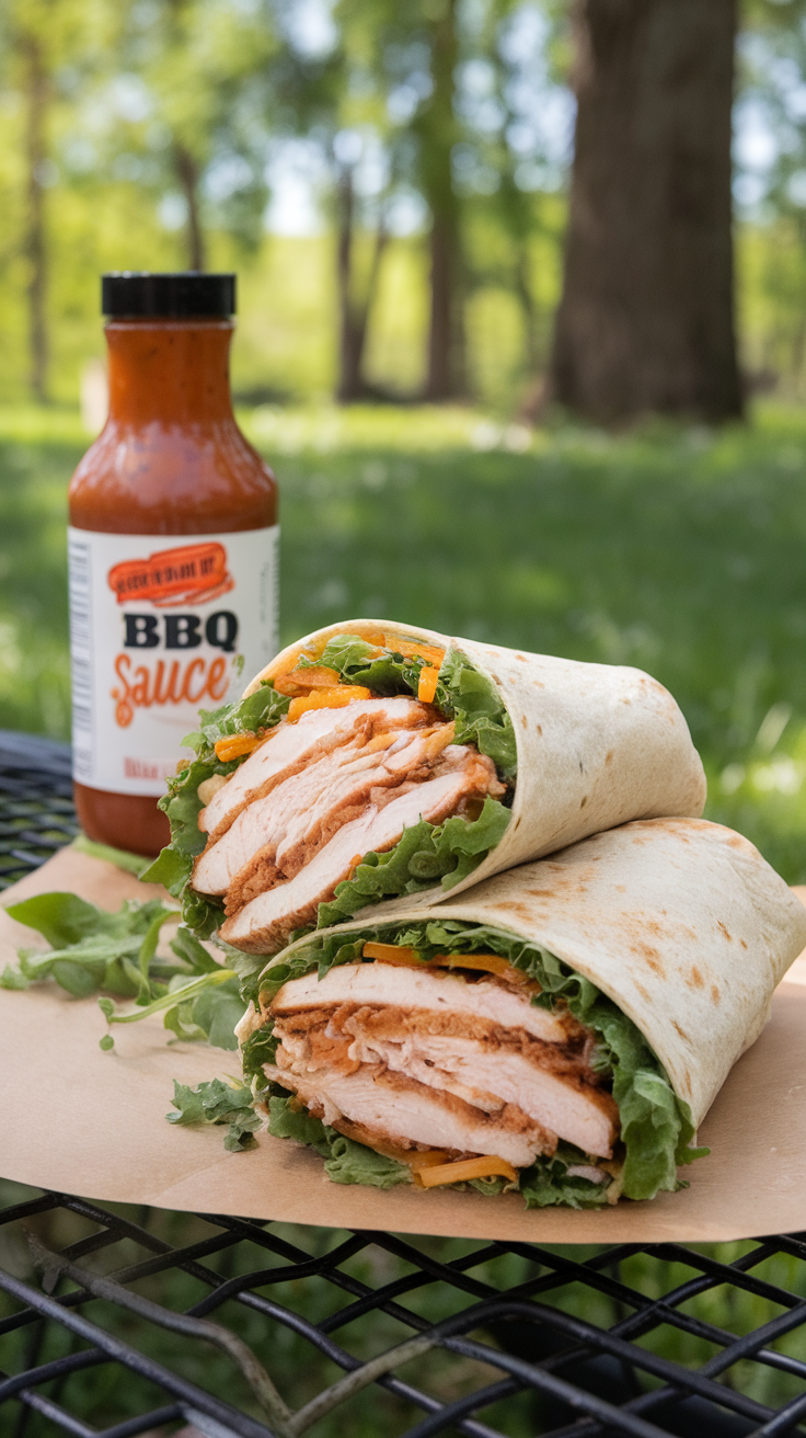 BBQ Ranch Cheesy Chicken Wrap with a bottle of BBQ sauce in a sunny outdoor setting.