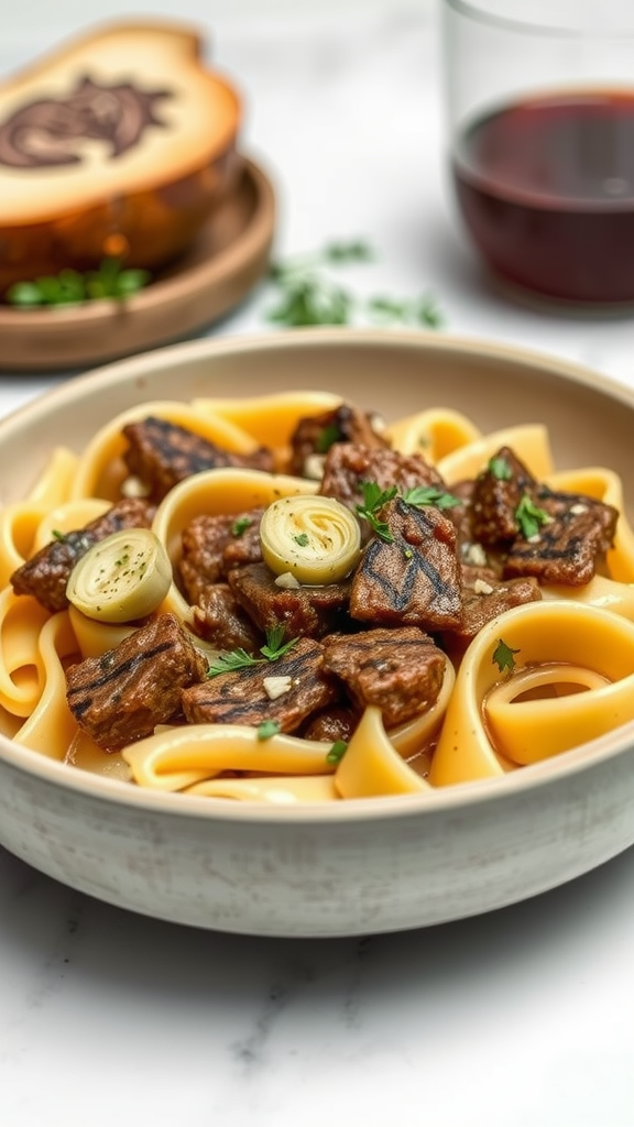 A bowl of Beef and Artichoke Heart Bowtie Pasta with tender beef and artichokes, garnished with parsley.