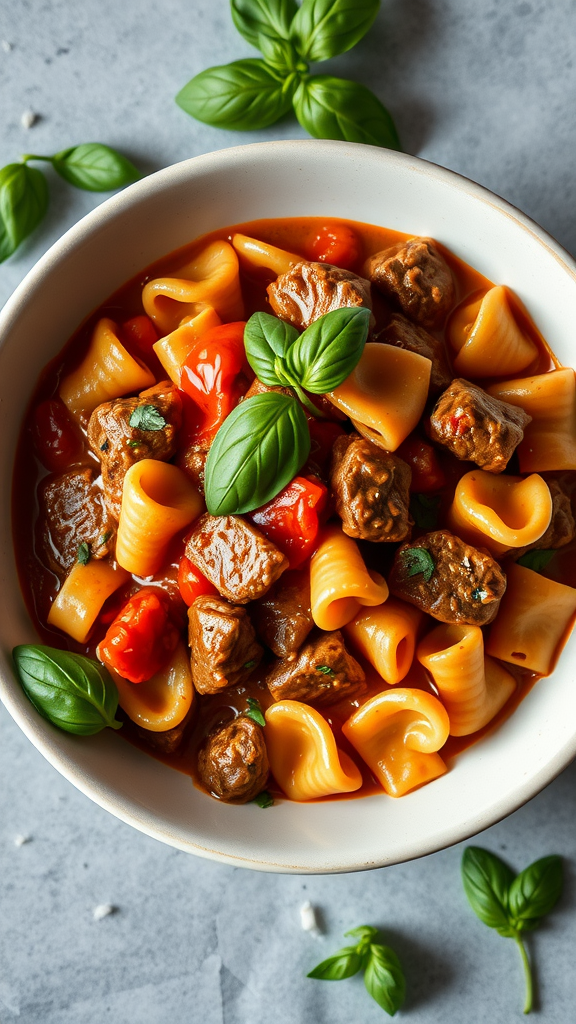 A bowl of beef and bowtie pasta in a rich tomato basil cream sauce, garnished with fresh basil leaves.