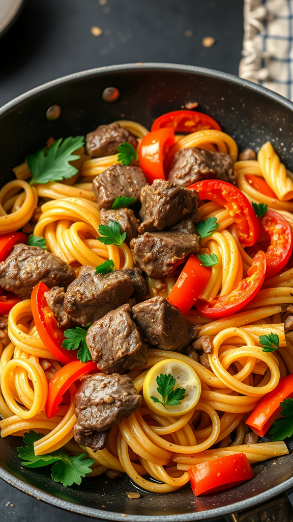 A delicious stir-fry of beef and chicken pasta with colorful bell peppers and parsley.