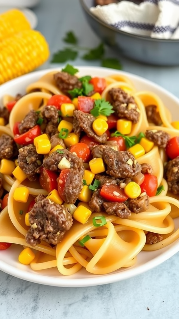 A plate of beef and corn bowtie pasta with colorful vegetables.