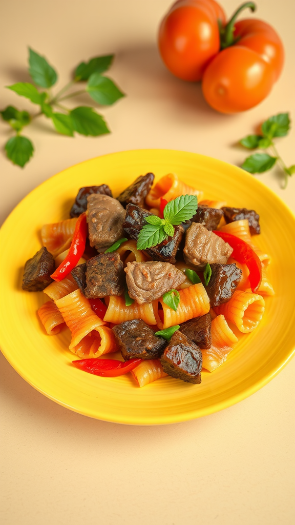 A vibrant plate of beef and roasted red pepper bowtie pasta, garnished with fresh herbs.