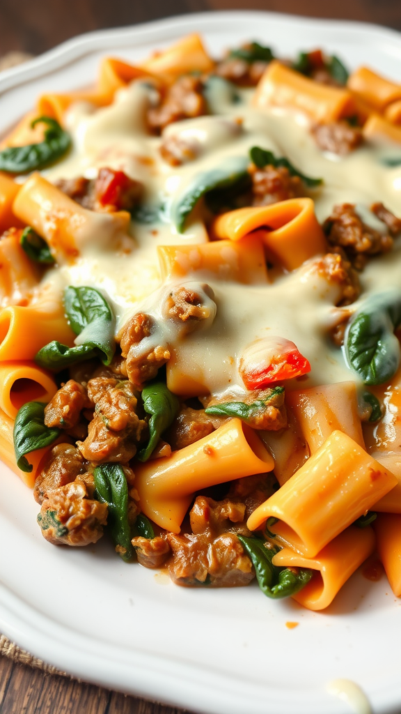 A delicious Beef and Spinach Bowtie Pasta Casserole topped with melted cheese.