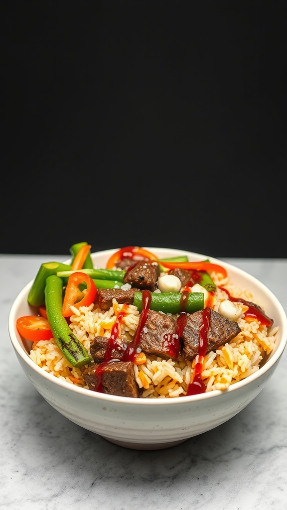 A bowl of Beef Mongolian Rice Bowls with rice, vegetables, and beef