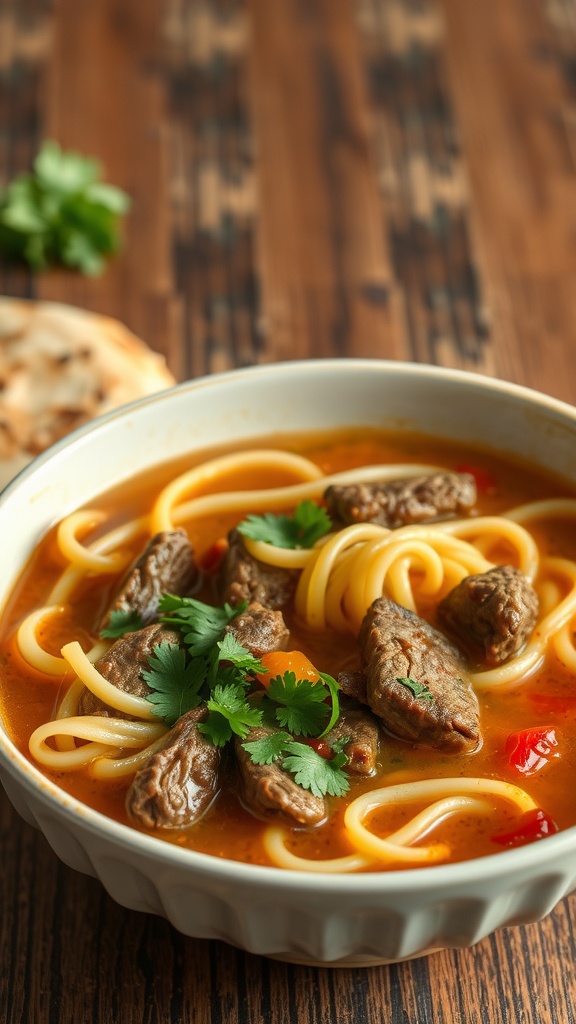 A bowl of beef noodle soup with spices and fresh cilantro on top.