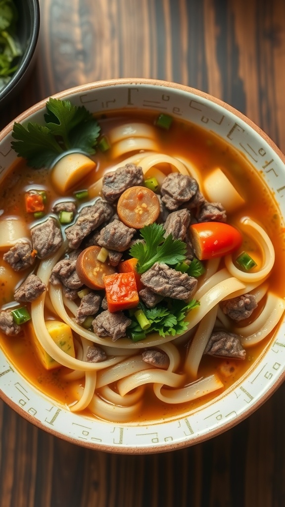 A bowl of Mongolian noodle soup with beef, vegetables, and herbs.
