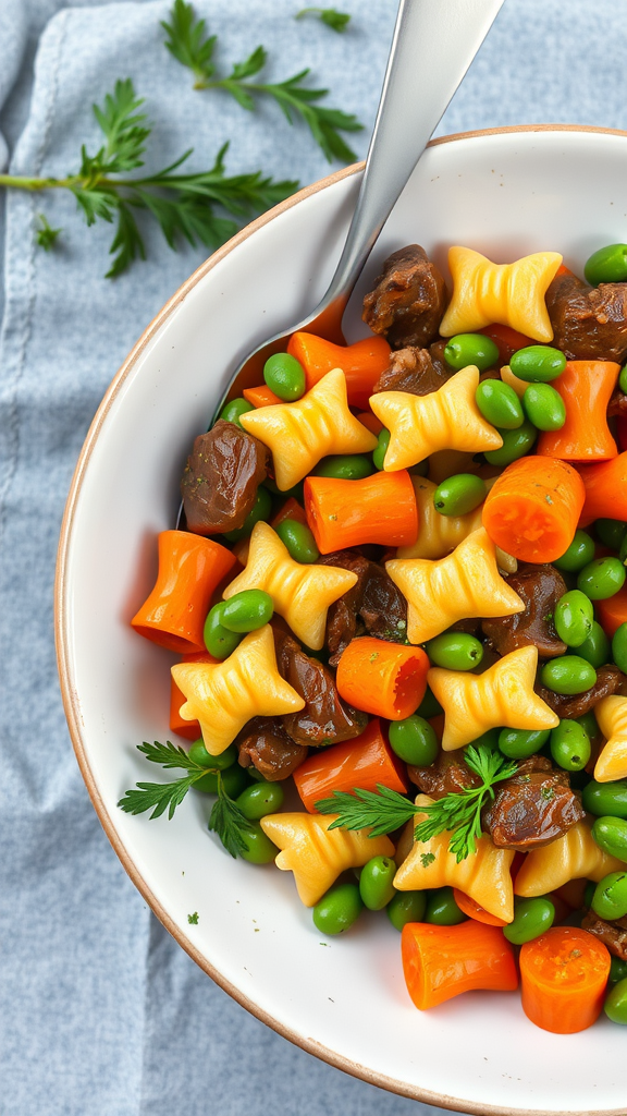 A bowl of bowtie pasta with beef, peas, and carrots