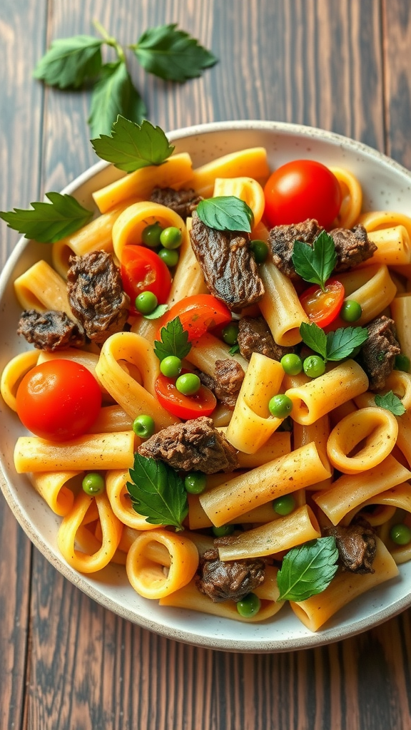 A delicious bowl of Beefy Veggie Bowtie Pasta featuring beef, cherry tomatoes, green peas, and fresh parsley on top.