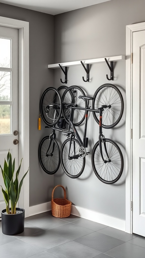 Bicycles hanging on wall hooks in a modern entryway