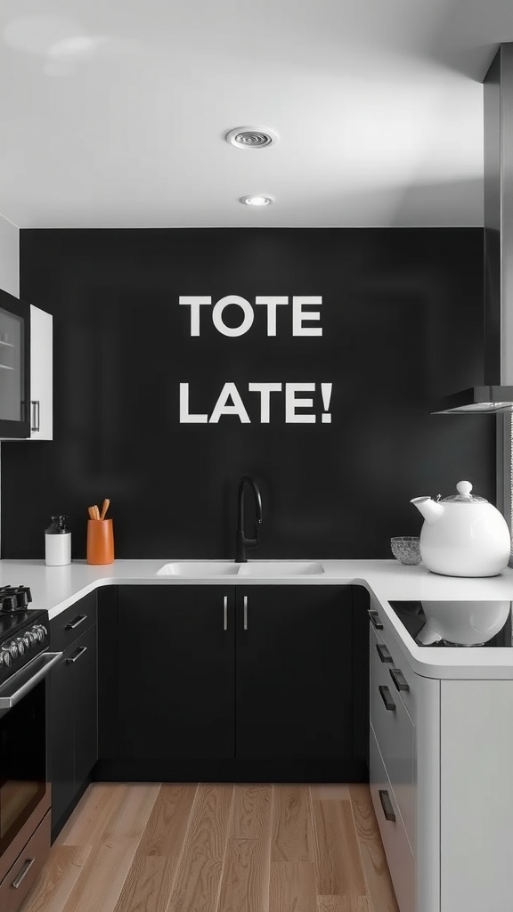 A contemporary kitchen featuring a matte black accent wall with white text.
