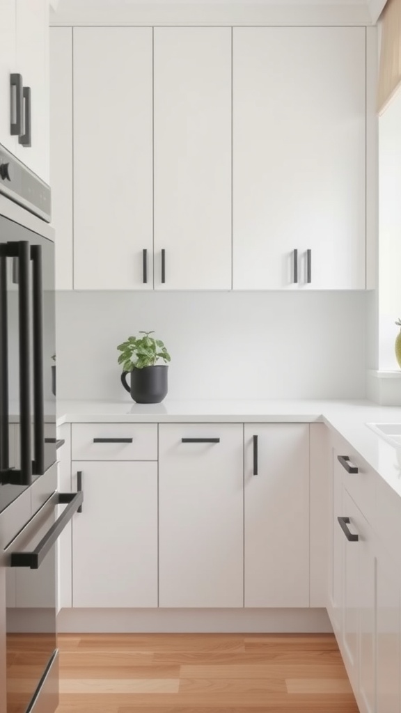A minimalist kitchen featuring white cabinets with black handles and a small plant on the counter.