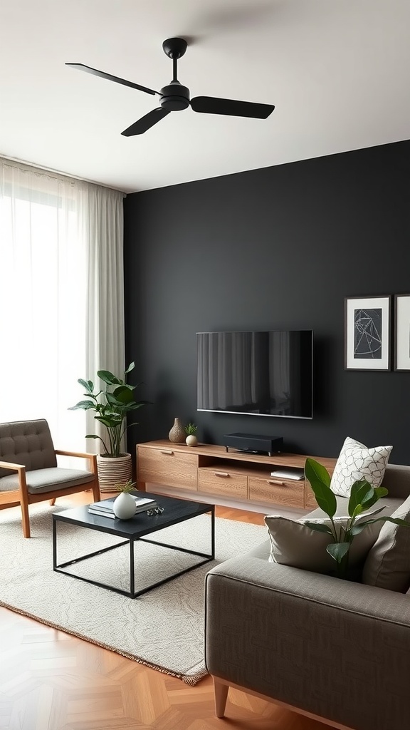 Living room with a matte black accent wall and neutral furniture, featuring a fan and plants.