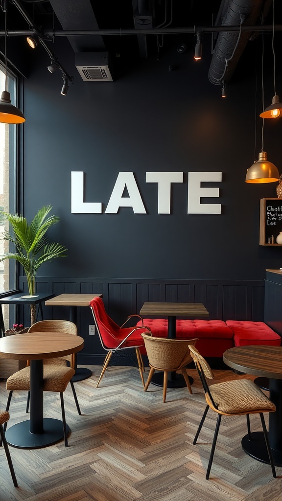 A cafe with a matte black wall featuring the word 'LATE' in large white letters, surrounded by modern furniture.