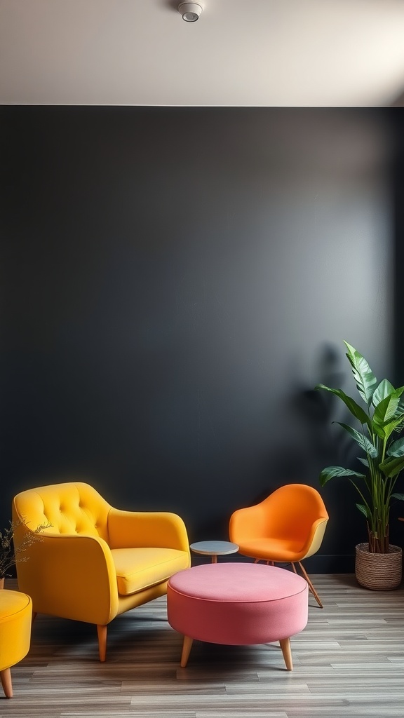 A room with a matte black accent wall and colorful furniture including yellow and pink chairs.