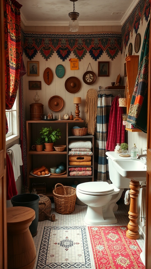 A cozy vintage bathroom with bohemian decor, featuring colorful textiles and eclectic accessories.