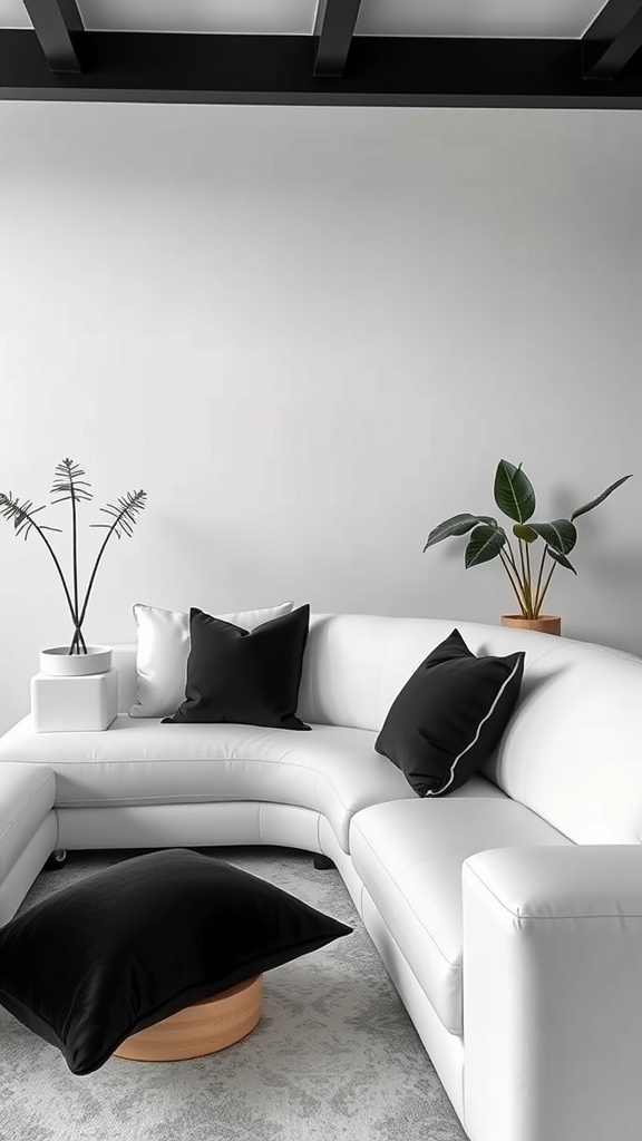 A cozy living room featuring a soft white sofa with black throw pillows, creating a stylish contrast.
