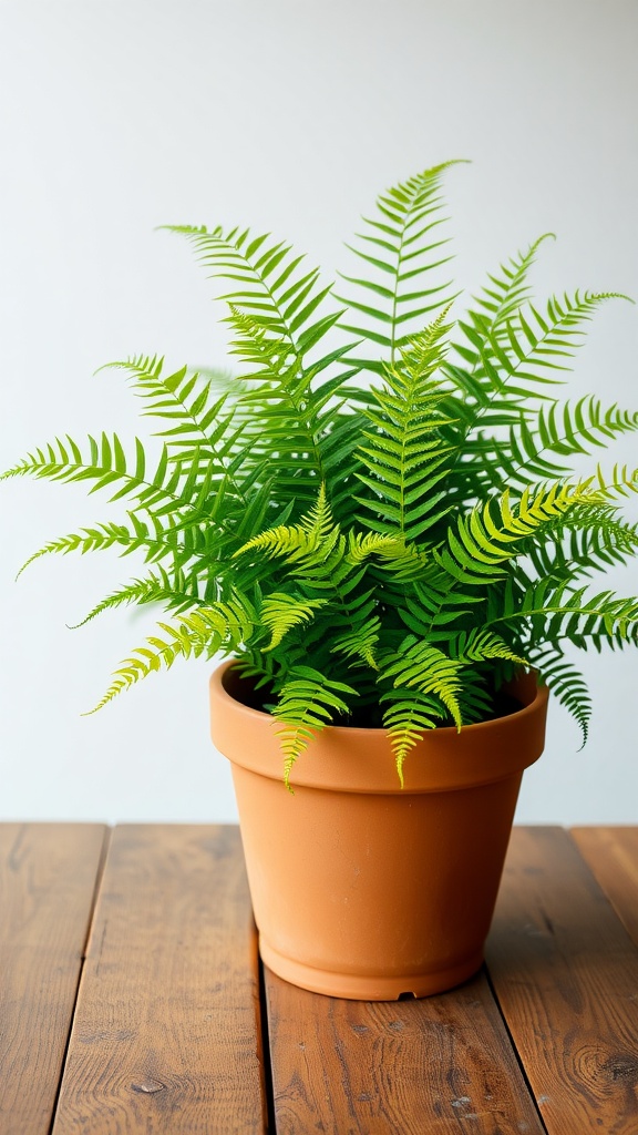 A Boston Fern in a terracotta pot on a wooden table.