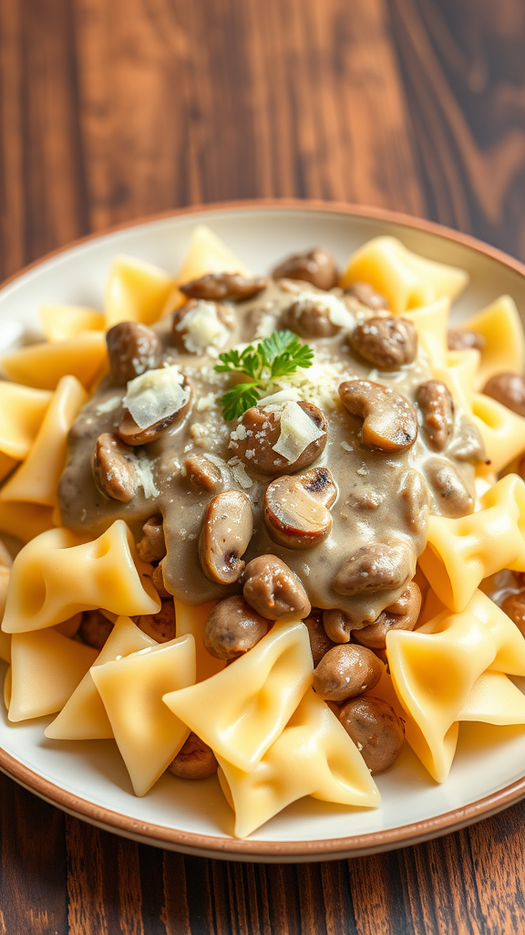 Plate of bowtie pasta topped with beefy mushroom alfredo sauce.