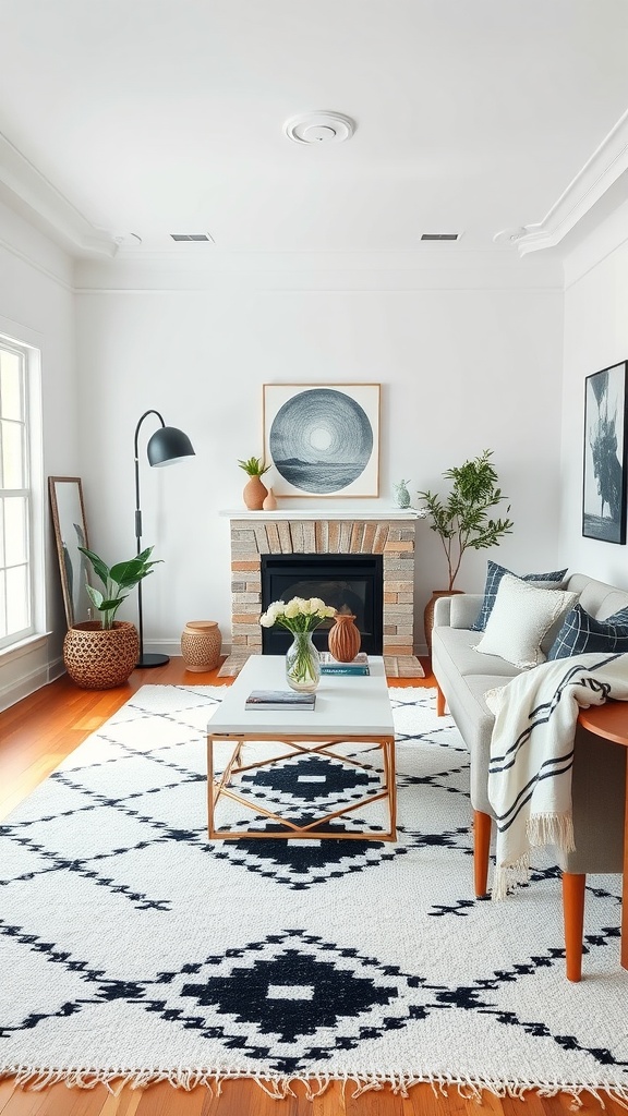 A cozy living room featuring a white area rug with black geometric patterns, a modern coffee table, and stylish decor.