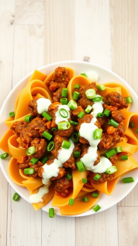 Plate of buffalo beef bowtie pasta topped with green onions and creamy sauce.