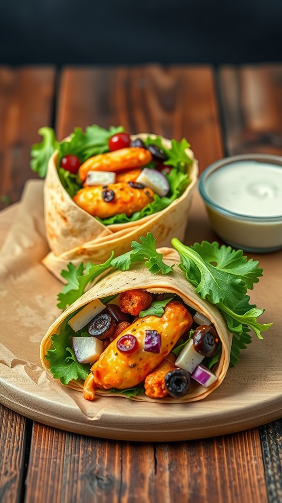 Delicious Buffalo Cheesy Garlic Chicken Wraps with fresh ingredients