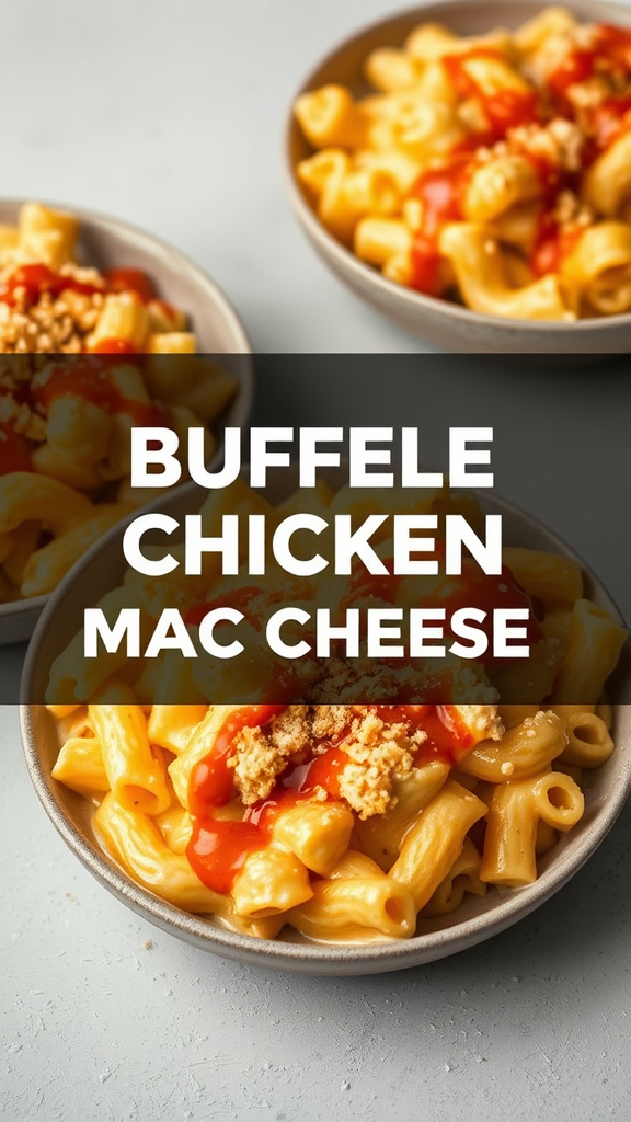A creamy bowl of Buffalo Chicken Mac and Cheese topped with crumbled blue cheese and drizzled with buffalo sauce.