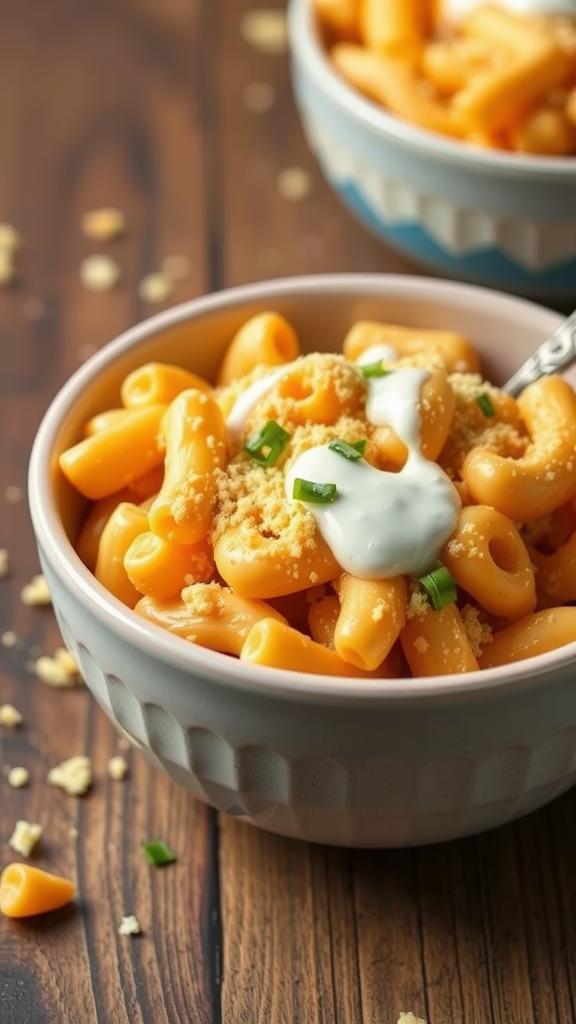 Bowl of creamy buffalo chicken mac and cheese with a sprinkle of green onions