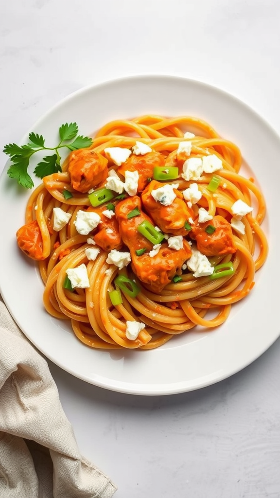 Delicious Buffalo Chicken Marry Me Pasta with green onions and cheese on a plate.