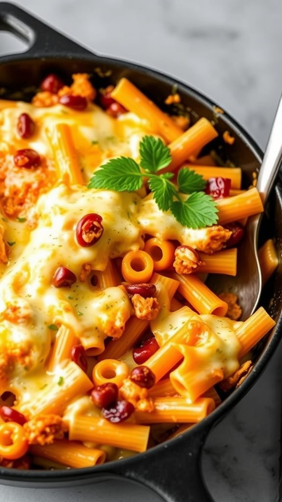 A delicious Buffalo Chicken Pasta Bake with melted cheese and a sprinkle of herbs
