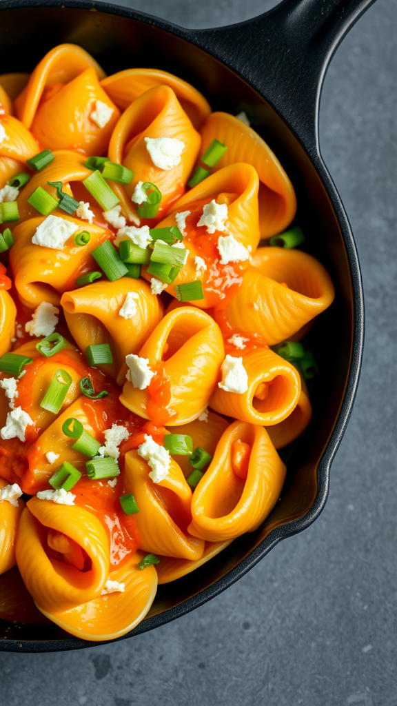 A skillet filled with buffalo chicken tortellini, topped with green onions and cheese.