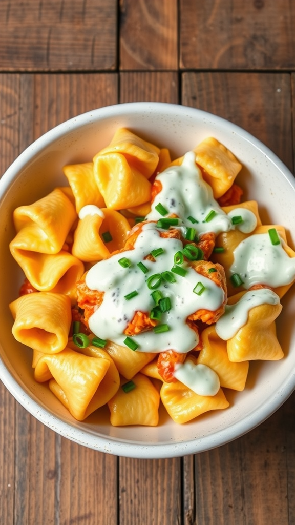 A bowl of buffalo chicken tortellini topped with blue cheese dressing and green onions.