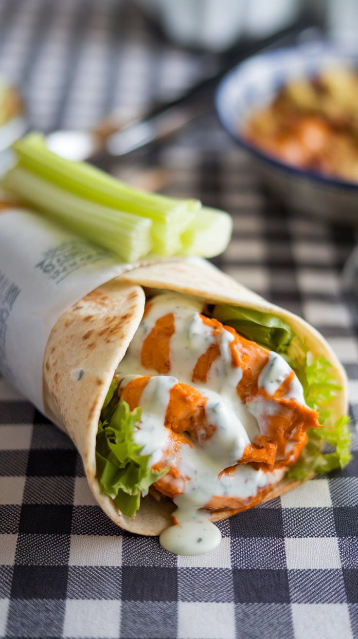 A close-up of a Buffalo chicken wrap with blue cheese dressing, lettuce, and celery sticks on a checkered tablecloth.