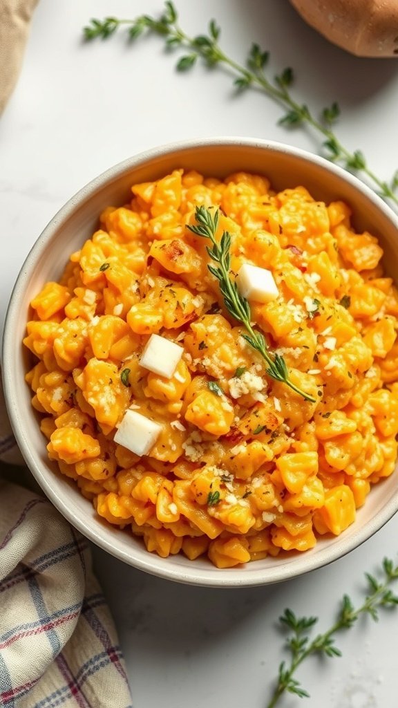 A bowl of creamy butternut squash risotto garnished with thyme and cheese.