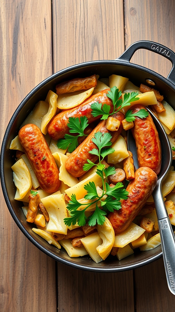 A delicious Cabbage and Sausage Skillet dish with sausages, cabbage, and noodles.
